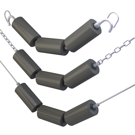 catenary idlers, three idlers made up of three idler rolls suspended by chains